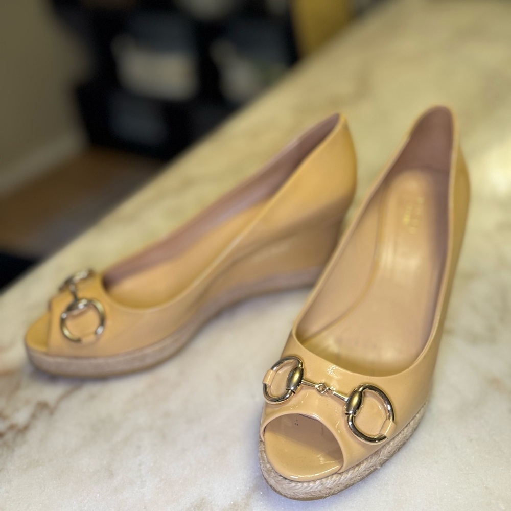 Gucci Horse Bit Tan Wedge Peep-Toe Pumps